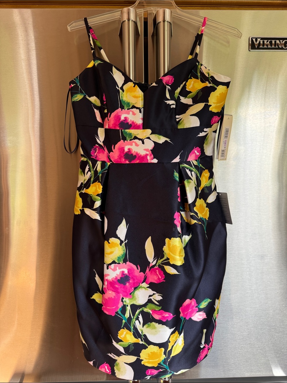 Floral Print Spaghetti-Strap Dress in Dark Navy with Pink & Yellow Blooms